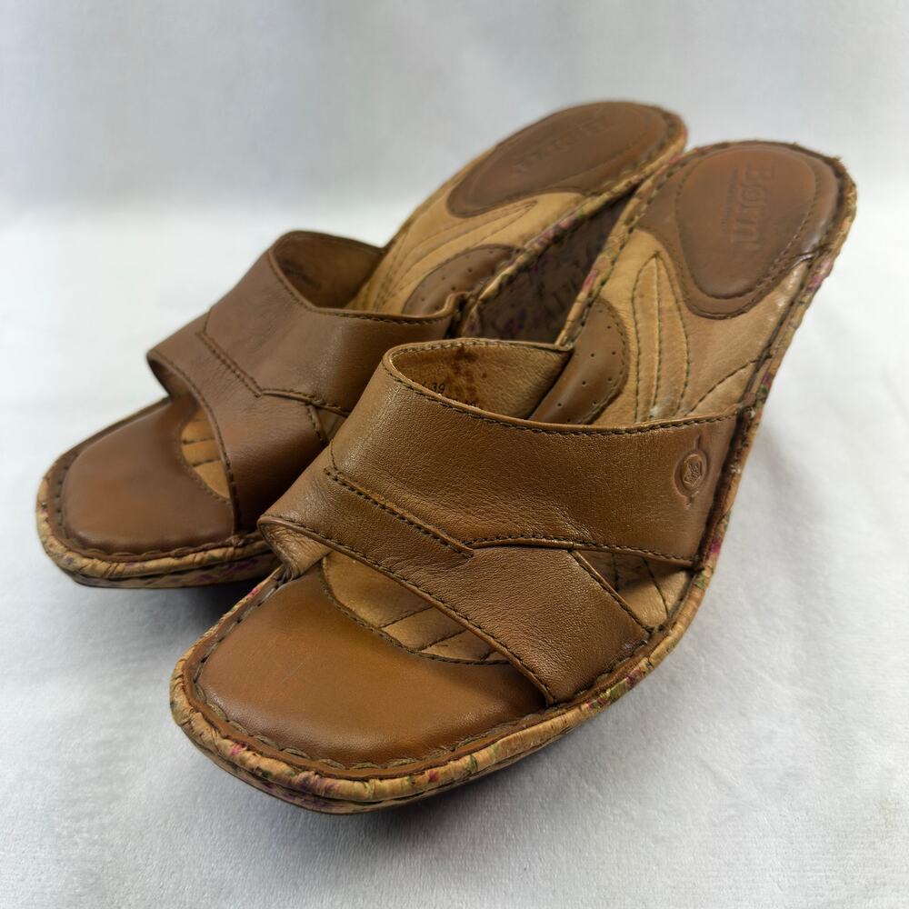 Born Wooden Wedge Heels Saria Floral Leather Summer Slip On 8 Brown
